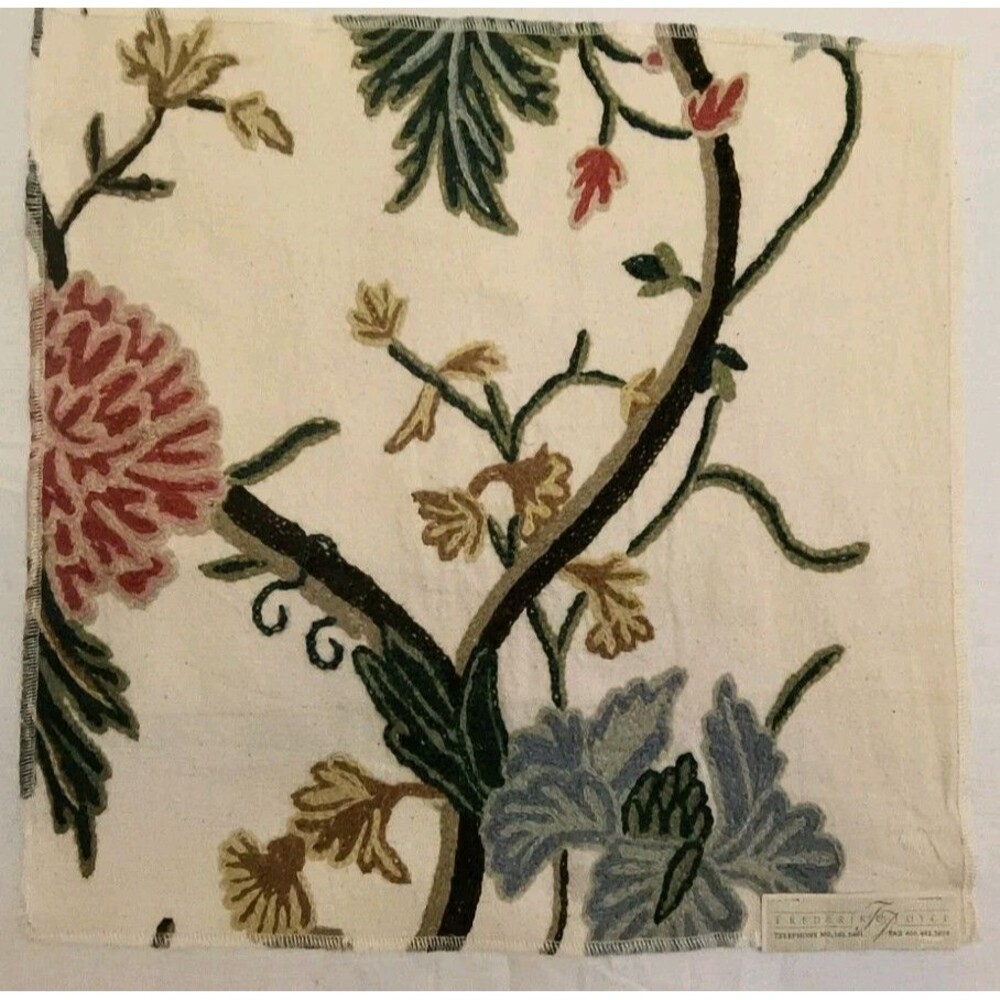 Frederik & Joyce Robespierre embroidered floral fabric sample wool on cotton Vtg